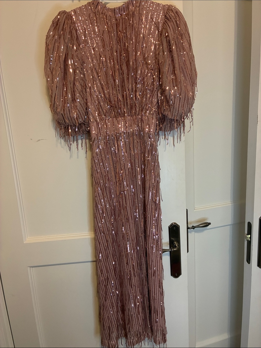 ROTATE Birger Christensen Dawn Pink Sequin Fringe Puff Sleeve Dress Flaw CB